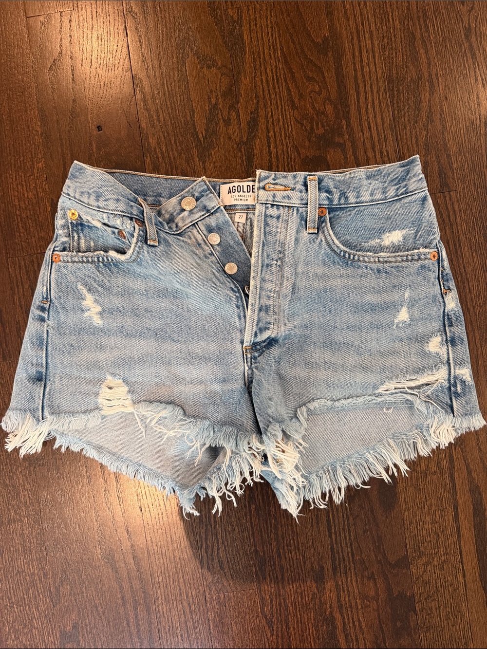 AGOLDE Light Blue Distressed High-Rise Denim Shorts - Picture 1 of 3